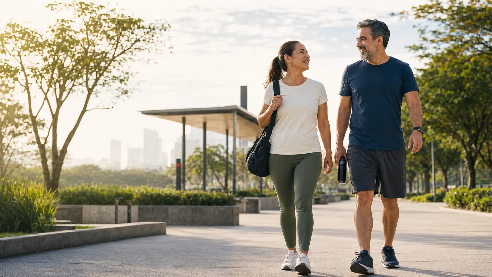 Hombre y mujer mayores de 40 años caminando en un parque